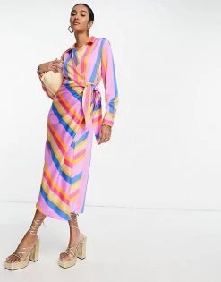 Y.A.S Wrap Tie Waist Midi Dress In Candy Stripe For Women Multi Stripe -Women's Y.A.S Sales Shop unnamed file 432