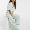 Y.A.S. Button Front Wide Leg Jumpsuit In Sage For Women