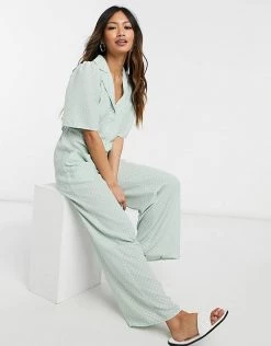 Y.A.S. Button Front Wide Leg Jumpsuit In Sage For Women
