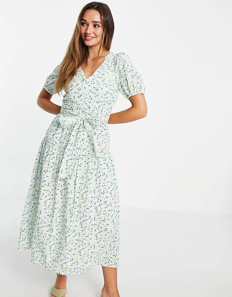 Y.A.S Organic Cotton Tie Waist Midi Dress In Mint Floral For Women Multi 6 Y.A.S Organic Cotton Tie Waist Midi Dress In Mint Floral For Women Multi - Image 4