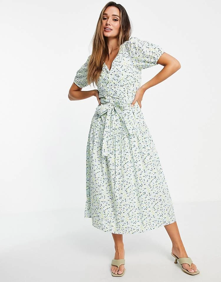 Y.A.S Organic Cotton Tie Waist Midi Dress In Mint Floral For Women Multi 7 Y.A.S Organic Cotton Tie Waist Midi Dress In Mint Floral For Women Multi - Image 5