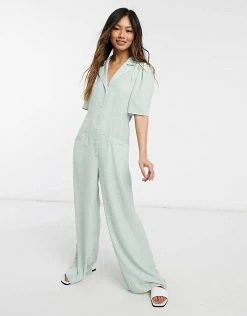 Y.A.S. Button Front Wide Leg Jumpsuit In Sage For Women -Women's Y.A.S Sales Shop unnamed file 48