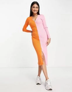 Y.A.S Knitted Button Through Spliced Dress In Pink For Women Apia Mix