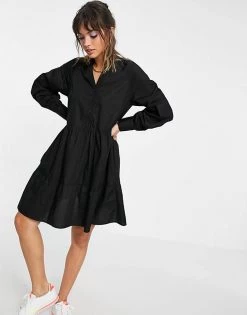 Y.A.S Cotton Poplin Mini Smock Dress With V Neck In Black For Women