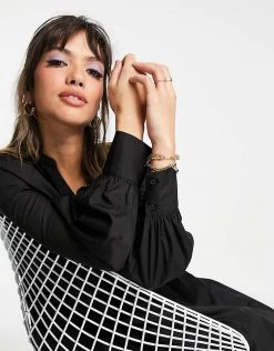 Y.A.S Cotton Poplin Mini Smock Dress With V Neck In Black For Women -Women's Y.A.S Sales Shop unnamed file 497