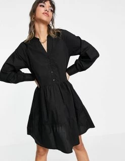 Y.A.S Cotton Poplin Mini Smock Dress With V Neck In Black For Women -Women's Y.A.S Sales Shop unnamed file 498