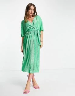 Y.A.S Recycled Plisse Wrap Midi Dress In Green For Women Mid Green