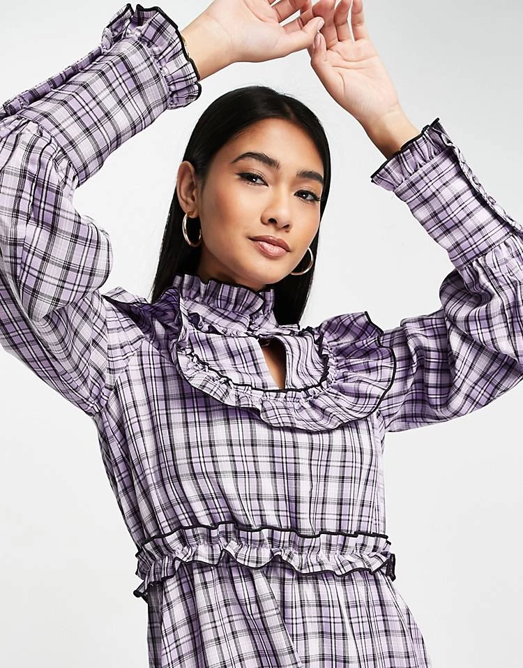 Y.A.S Check Dress With Collar Detail And Frill Hem In Purple For Women Purple Check 5 Y.A.S Check Dress With Collar Detail And Frill Hem In Purple For Women Purple Check - Image 3