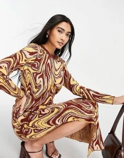 Y.A.S Knitted Midi Dress In Brown Swirl Print For Women -Women's Y.A.S Sales Shop unnamed file 532