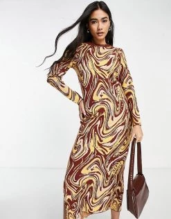 Y.A.S Knitted Midi Dress In Brown Swirl Print For Women -Women's Y.A.S Sales Shop unnamed file 533