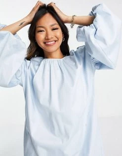 Y.A.S Cotton Smock Dress With Exaggerated Balloon Sleeve In Blue For Women Cashmere Blue -Women's Y.A.S Sales Shop unnamed file 562