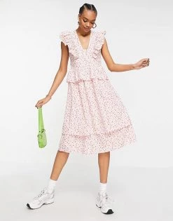 Y.A.S Organic Cotton Sleeveless Midi Dress With Frill Shoulder In White Floral For Women