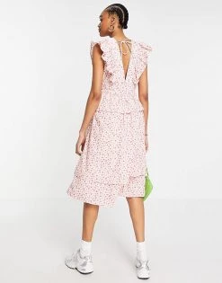 Y.A.S Organic Cotton Sleeveless Midi Dress With Frill Shoulder In White Floral For Women -Women's Y.A.S Sales Shop unnamed file 577