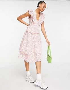 Y.A.S Organic Cotton Sleeveless Midi Dress With Frill Shoulder In White Floral For Women -Women's Y.A.S Sales Shop unnamed file 578