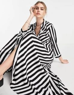 Y.A.S Maxi Shirt Dress In Bold Stripe For Women Mono Stripe -Women's Y.A.S Sales Shop unnamed file 58