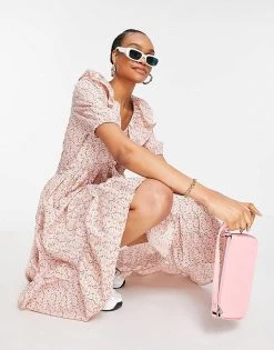 Y.A.S Organic Cotton Midi Dress With Frill Collar And Pephem Skirt In Pink Floral For Women