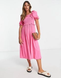 Y.A.S Shirred Detail Midi Dress In Bright Pink For Women
