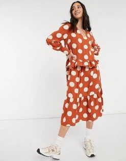 Y.A.S V-neck Smock Dress With Tiered Detail In Orange Spot Print For Women Rust
