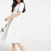 Y.A.S Bridal Poplin Midi Dress With Shirred Top And Puff Sleeves In White For Women