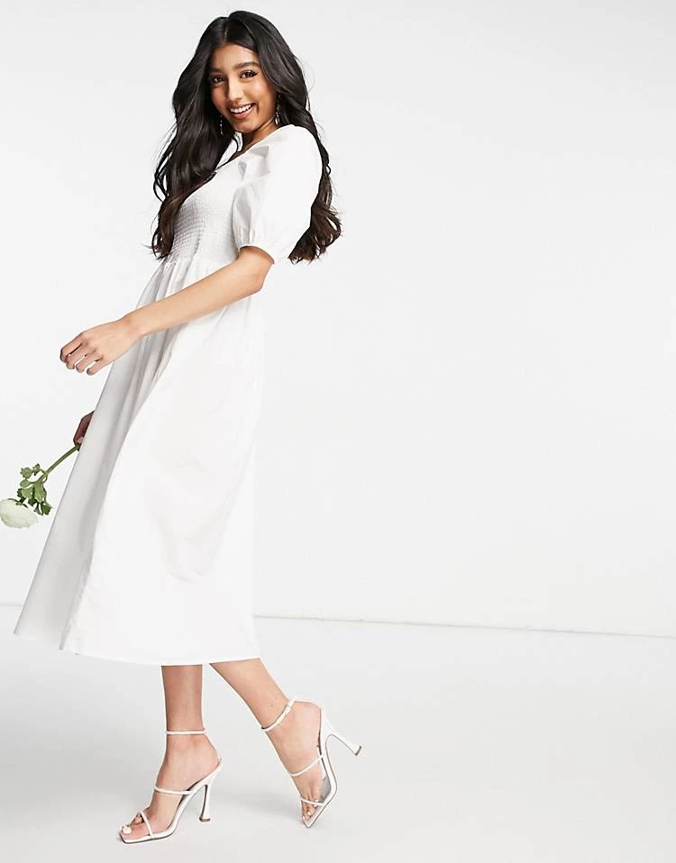 Y.A.S Bridal Poplin Midi Dress With Shirred Top And Puff Sleeves In White For Women 3 Y.A.S Bridal Poplin Midi Dress With Shirred Top And Puff Sleeves In White For Women