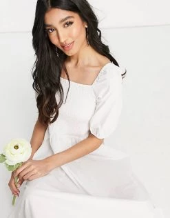 Y.A.S Bridal Poplin Midi Dress With Shirred Top And Puff Sleeves In White For Women 9 Y.A.S Bridal Poplin Midi Dress With Shirred Top And Puff Sleeves In White For Women -Women's Y.A.S Sales Shop unnamed file 607