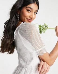 Y.A.S Bridal Mini Dress With Shirred Top Mesh Puff Sleeve And Lace Skirt In White For Women Star White -Women's Y.A.S Sales Shop unnamed file 612