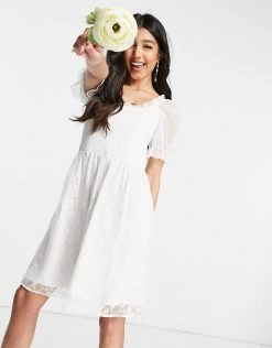 Y.A.S Bridal Mini Dress With Shirred Top Mesh Puff Sleeve And Lace Skirt In White For Women Star White -Women's Y.A.S Sales Shop unnamed file 614