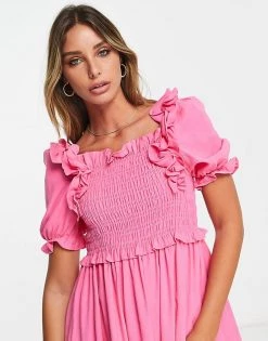 Y.A.S Shirred Detail Midi Dress In Bright Pink For Women -Women's Y.A.S Sales Shop unnamed file 62