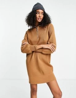 Y.A.S Zip Front Knitted Dress In Brown For Women