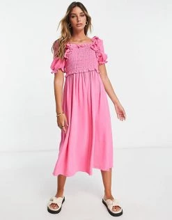 Y.A.S Shirred Detail Midi Dress In Bright Pink For Women -Women's Y.A.S Sales Shop unnamed file 63
