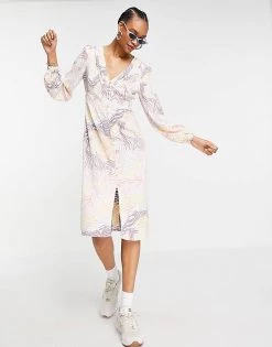 Y.A.S Midi Dress With Puff Sleeve And Side Split In Animal Print For Women Pastel Animal Print