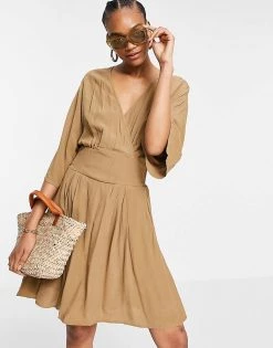 Y.A.S Mini Wrap Dress With Kimono Sleeves In Brown For Women Camel