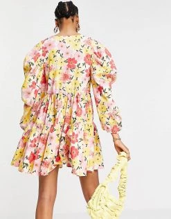 Y.A.S Organic Cotton Mini Dress With Exaggerated Sleeves In Bright Floral For Women Floral Print -Women's Y.A.S Sales Shop unnamed file 657