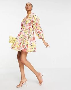 Y.A.S Organic Cotton Mini Dress With Exaggerated Sleeves In Bright Floral For Women Floral Print -Women's Y.A.S Sales Shop unnamed file 658