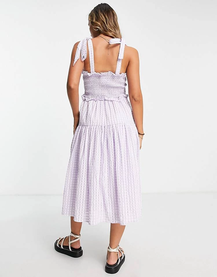Y.A.S Shirred Tie Strap Midi Dress In Lavender Check For Women Lilac Check 4 Y.A.S Shirred Tie Strap Midi Dress In Lavender Check For Women Lilac Check - Image 2