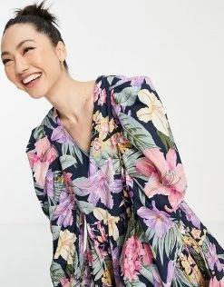 Y.A.S Organic Cotton Mini Tiered Smock Dress With Puff Sleeve In Bright Floral For Women -Women's Y.A.S Sales Shop unnamed file 666