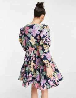 Y.A.S Organic Cotton Mini Tiered Smock Dress With Puff Sleeve In Bright Floral For Women -Women's Y.A.S Sales Shop unnamed file 667