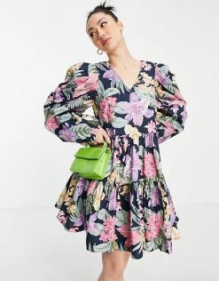 Y.A.S Organic Cotton Mini Tiered Smock Dress With Puff Sleeve In Bright Floral For Women -Women's Y.A.S Sales Shop unnamed file 669