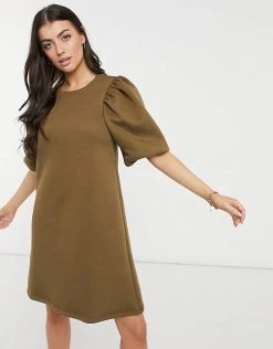 Y.A.S Mini Sweat Dress With Puff Ball Sleeves In Khaki For Women -Women's Y.A.S Sales Shop unnamed file 679