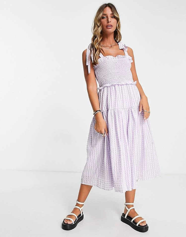 Y.A.S Shirred Tie Strap Midi Dress In Lavender Check For Women Lilac Check 6 Y.A.S Shirred Tie Strap Midi Dress In Lavender Check For Women Lilac Check - Image 4