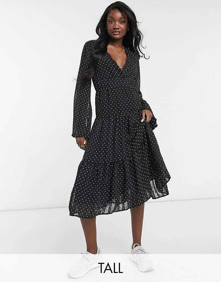 Y.A.S Tall Tiered Midi Dress With V Neck In Black Spot Print For Women 7 Y.A.S Tall Tiered Midi Dress With V Neck In Black Spot Print For Women - Image 5
