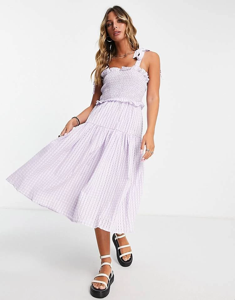 Y.A.S Shirred Tie Strap Midi Dress In Lavender Check For Women Lilac Check 7 Y.A.S Shirred Tie Strap Midi Dress In Lavender Check For Women Lilac Check - Image 5