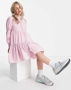 Y.A.S Petite Tiered Mini Shirt Dress In Pink Check For Women -Women's Y.A.S Sales Shop unnamed file 693