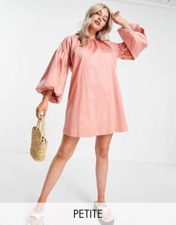 Y.A.S Petite Organic Cotton Volume Sleeve Mini Smock Dress In Terracotta For Women Terra Cotta -Women's Y.A.S Sales Shop unnamed file 704