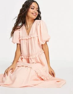 Y.A.S Petite Crepe Tiered Puff Sleeve Midi Dress In Peach For Women -Women's Y.A.S Sales Shop unnamed file 708