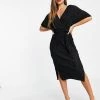 Y.A.S V-neck Tie Waist Midi Dress In Black For Women