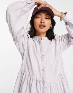 Y.A.S Shirt Mini Dress With Tiering And Shirred Arms In Grey Check For Women Grey With Lavender -Women's Y.A.S Sales Shop unnamed file 737