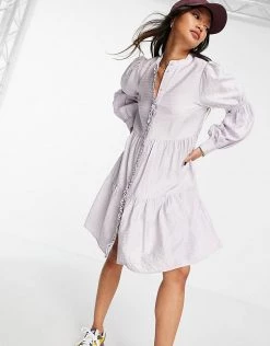 Y.A.S Shirt Mini Dress With Tiering And Shirred Arms In Grey Check For Women Grey With Lavender -Women's Y.A.S Sales Shop unnamed file 739