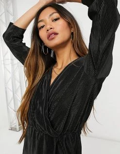 Y.A.S Plisse Mini Dress With Wrap Front And 3/4 Length Sleeves In Black For Women -Women's Y.A.S Sales Shop unnamed file 747