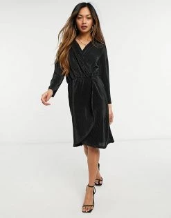 Y.A.S Plisse Mini Dress With Wrap Front And 3/4 Length Sleeves In Black For Women -Women's Y.A.S Sales Shop unnamed file 748